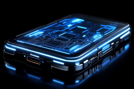 Glowing abstract biochip rendering decoded via mobile bio informatics application minimal background