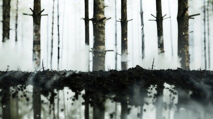 Misty Forest Scene with Leafless Trees and Reflected Ground Surface