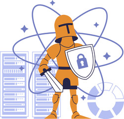 Medieval knight in armor symbolizes cybersecurity and data protection. The character stands in front of servers with a shield featuring a padlock icon, representing secure information, digital safety.