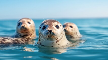 In crystal blue waters, three delightful seals gracefully mingle, showcasing their adorable faces and curious expressions while highlighting the charm of marine wildlife.