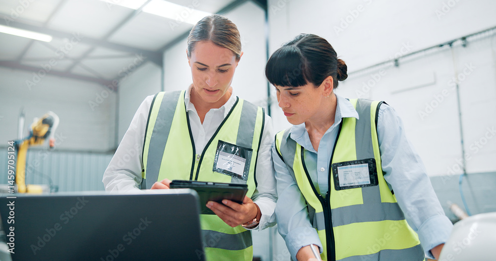 Poster women, engineer team and tablet in meeting for planning, discussion or communication at factory. fem