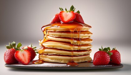 a stack of pancakes with syrup and strawberries on top