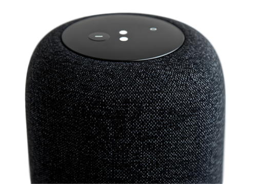 Modern Smart Speaker, Top View, Dark Fabric Texture