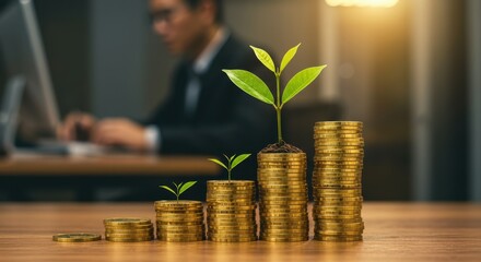 Stacks of coins with growing plants symbolize financial growth, with a businessman working on a computer in the blurred background.