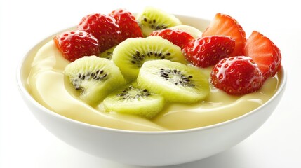 Fresh Fruit Salad with Strawberries and Kiwi in Creamy Bowl