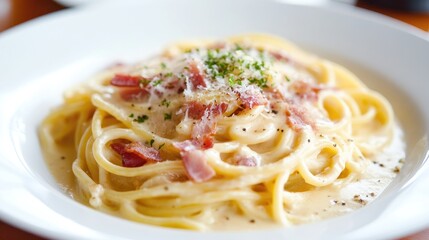 Creamy Spaghetti Dish with Bacon and Parmesan Cheese on Plate