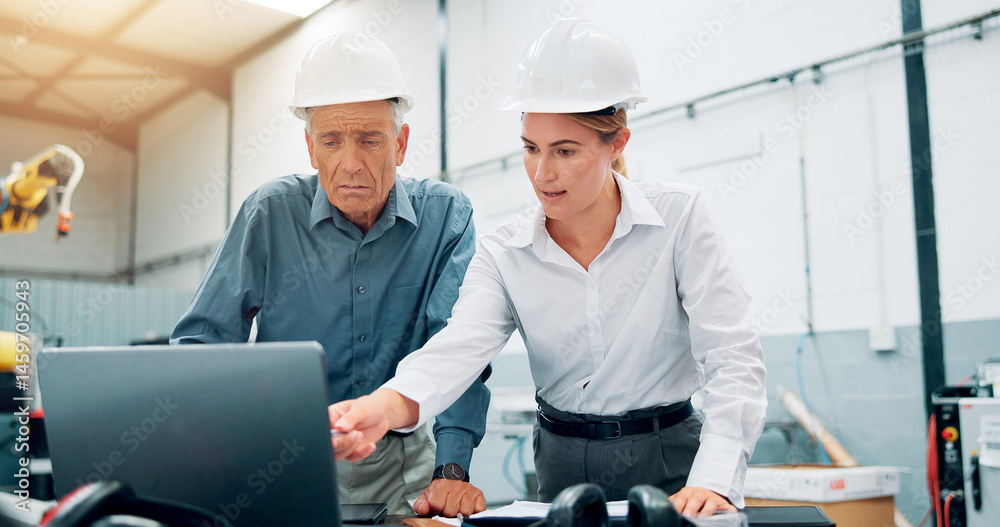 Poster People, manager and laptop at robotics factory for research, machine update and technical guide. Engineer, teamwork and production manual, automation safety and diagnostics report for manufacturing