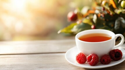 A calming scene featuring a cup of tea adorned with fresh raspberries, beautifully illuminated by natural light, inviting moments of tranquility and self-care amidst nature.