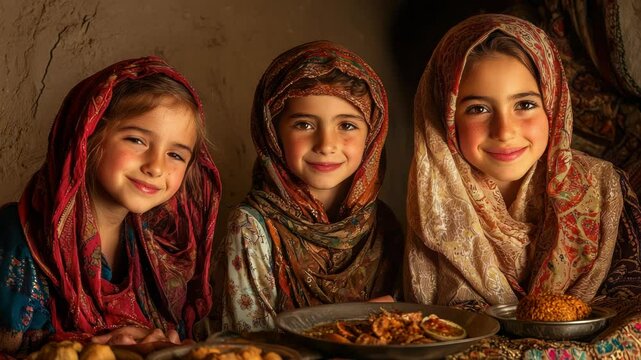 Afghan girls sharing a meal, showing cultural heritage, beauty and innocence