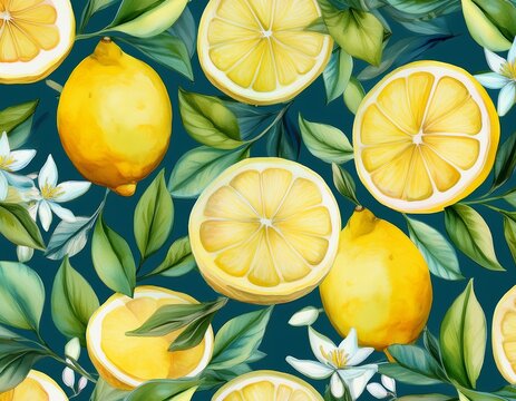 a stunning seamless pattern featuring watercolor style fresh lemons leaves and flowers in a vibrant mediterranean aesthetic perfect for summer themed prints on wallpapers wrappings and textiles