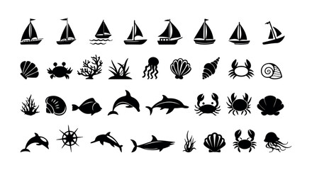 Naklejka premium Sea life and nautical icon set with marine animals, plants, and sailboats