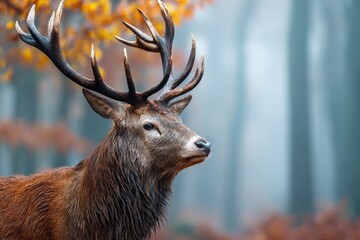 Fototapeta premium Majestic red deer stag in autumn forest. Antlers, wet fur, and fall colors.