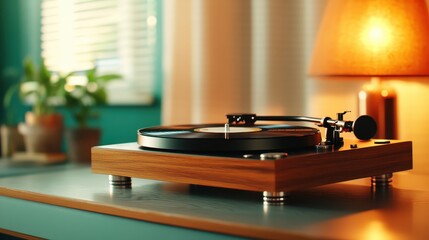 A modern record player elegantly positioned on a sleek wooden surface, bathed in soft light, perfectly blending contemporary design with classic music aesthetics.