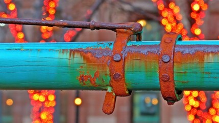 Close-up of rusty teal metal bar with clamp and peeling paint, out-of-focus red and orange lights in background