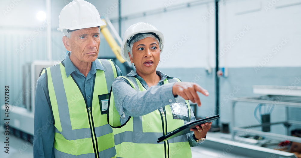 Poster People, robotics and pointing in lab, tablet and conversation with online schedule, help and automation. Inspection, engineering and workers in factory, technician or machine learning with discussion