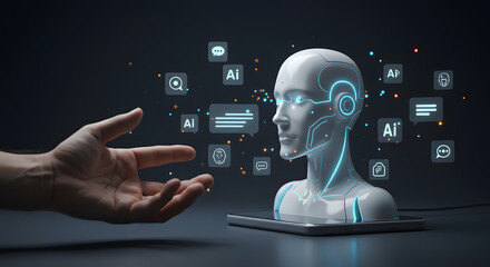 Human Hand Interacting with a 3D Holographic AI Robot Head