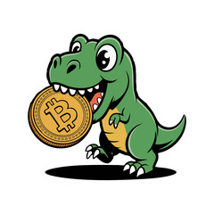Fototapeta premium Green dinosaur holding a bitcoin, perfect for finance, cryptocurrency, and marketing concepts targeting younger audiences in a playful way.