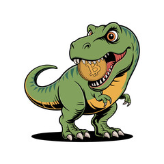 Fototapeta premium Green dinosaur holding a bitcoin, perfect for finance, cryptocurrency, and marketing concepts targeting younger audiences in a playful way.
