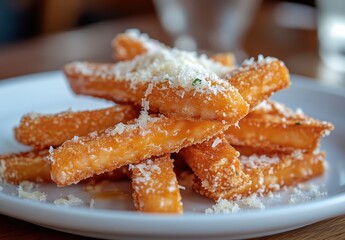 Crispy Fried Sticks Topped with Grated Cheese on Plate in Bright Restaurant Setting with Soft Lighting and Wood Background
