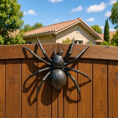 Unique metal spider sculpture on wooden gate at a sunny residential location