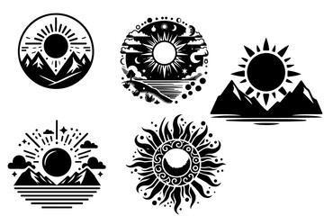 Collection of stylized black sun and mountain icons.