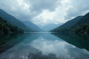 Fototapeta premium Grey clouds mirror in still Appalachian lake water , calm, grey