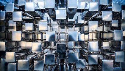 shiny metallic cubes in various sizes and orientations creating a modern and minimalist geometric display the polished chrome surfaces reflect the surroundings