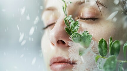 Fototapeta premium Woman's Face Surrounded by Green Leaves and Winter Snowflakes
