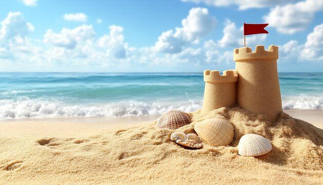 Seascape with sandcastle and shells