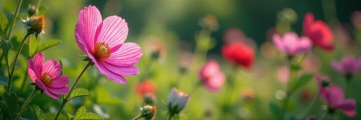 Musk mallow flowers and seed pods in a garden , farm, herb, picture