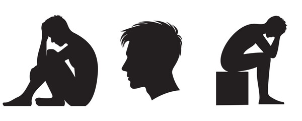 Symbolic illustration of burnout or mental exhaustion with figures sitting in emotional fatigue and psychological stress postures