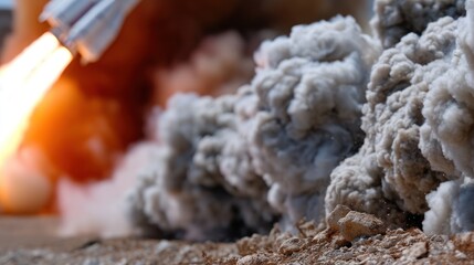 Rocket launch, plumes of white smoke and ash, close-up on ground