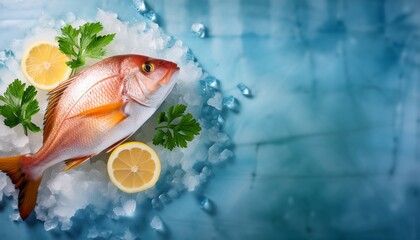 fresh fish on ice with lemon slices and parsley creating refreshing and appetizing display scene highlights freshness and quality of seafood perfect for culinary use