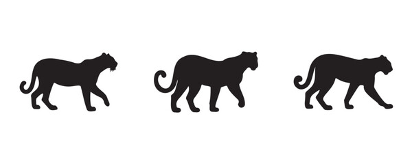 Stylized leopard walking in a sequence of three black silhouettes, perfect for use in graphic design or animation