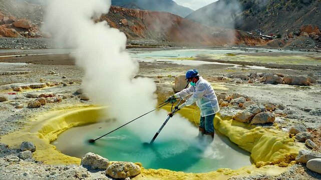 Scientist cleaning geothermal pool, volcanic landscape background, potential scientific research