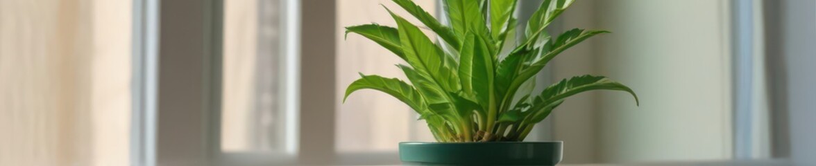 Obraz premium A vibrant green plant thrives in a simple green pot on a sun-drenched windowsill , healthy, minimal, domestic