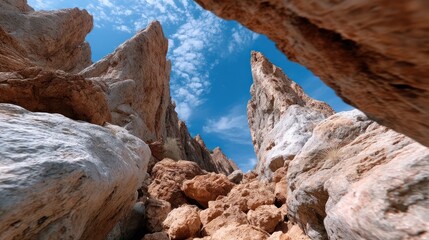 Rocky canyon, dramatic rock formations, intense sunlight, clear blue sky, looking up
