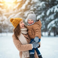 Fototapeta premium A mother and her child embrace joyfully in a winter wonderland, sharing smiles and warmth.