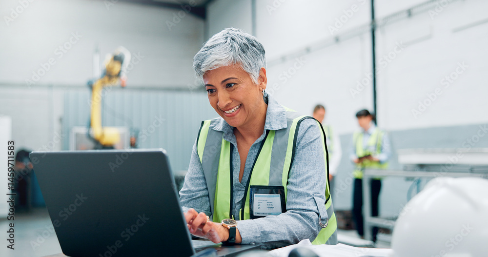 Poster laptop, robotics and smile with woman in workshop for automation, manufacturing or production. compu