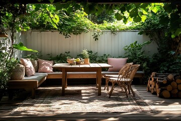 Patio dining setting, garden view, sunlight, wooden furniture, relaxation