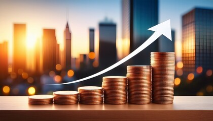 stacked coins and upward arrow indicating financial growth on blurred city background
