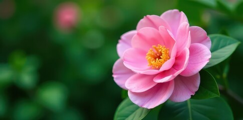 Fototapeta premium Delicate pink camellia, vibrant green foliage , soft, elegant, lush