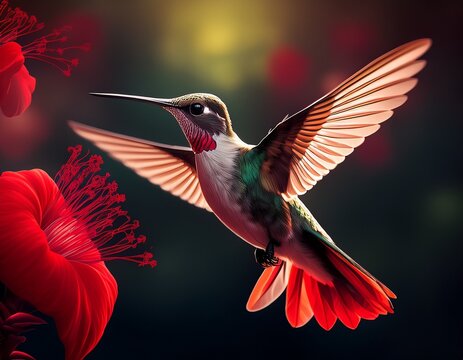 ruby throated hummingbird in flight near red flower in hd