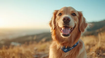 A golden retriever beams with joy against a stunning sunset backdrop, perfectly showcasing the beauty of nature and the bond between humans and pets.