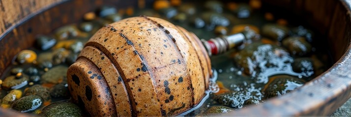 Rustic wooden barrel with speckled wooden sphere among smooth river stones in water