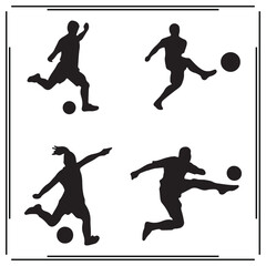 Soccer player silhouettes vector set – black football athlete icons in action poses kicking a ball, ideal for sports illustrations, game design, athletic branding, or football graphics.
