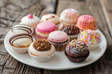 Assorted colorful cupcakes on wooden table