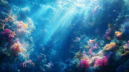 Fototapeta premium Vibrant Coral Reef Underwater Scene With Sunlight