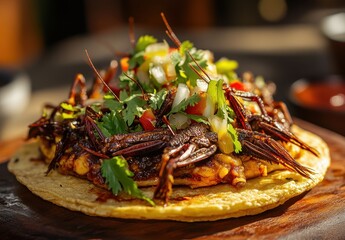 Delicious crab taco topped with vibrant salsa and fresh herbs on a wooden plate, showcasing gourmet Mexican cuisine for food lovers and culinary enthusiasts