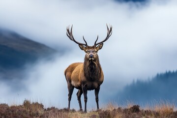 Majestic Red Deer Stag in Misty Highlands - A majestic red deer stag stands proudly in a misty highland landscape, its antlers reaching towards the sky. A breathtaking wildlife scene